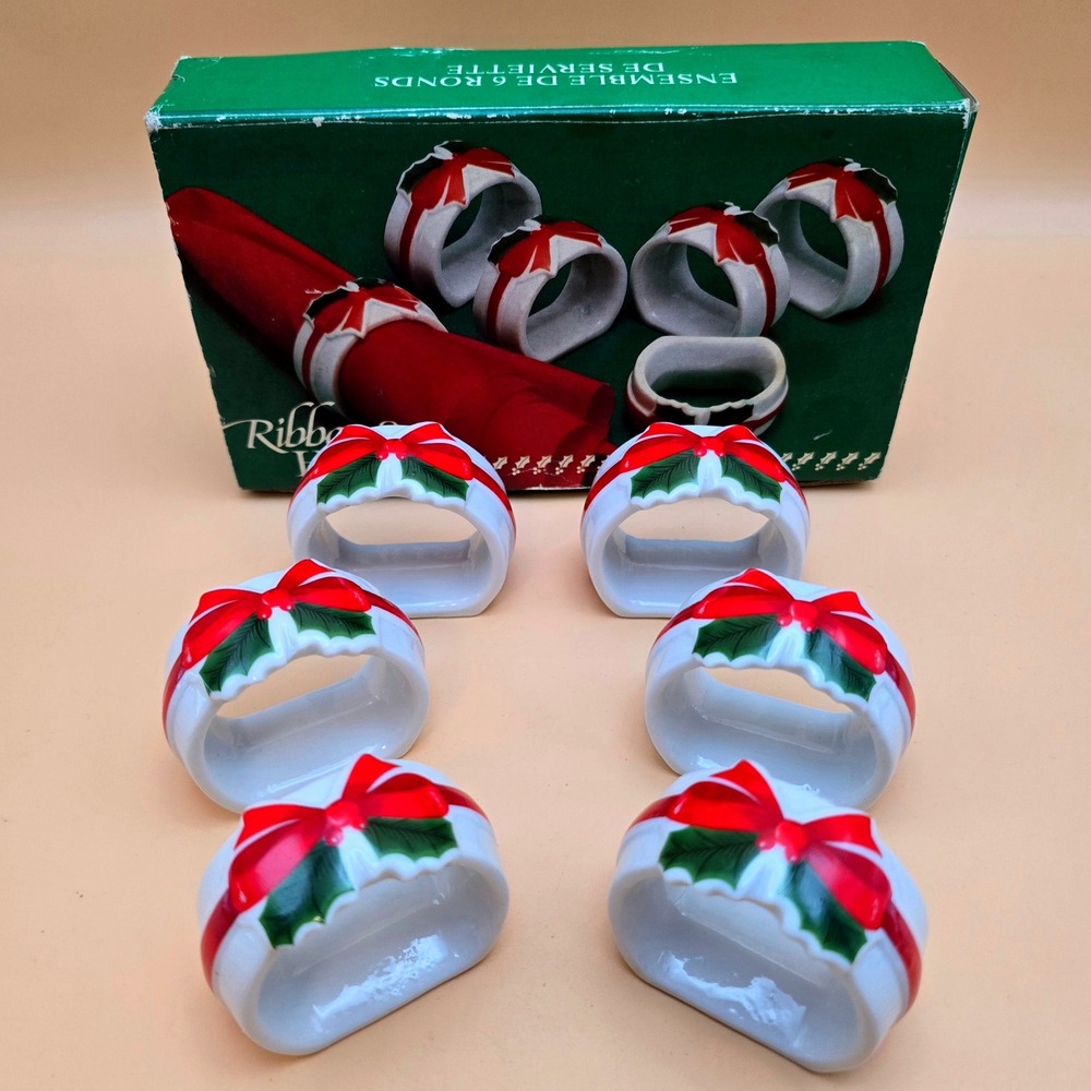Vintage Mount Clemens Pottery Ribbon & Holly Ceramic Napkin Rings Set of 6 Japan